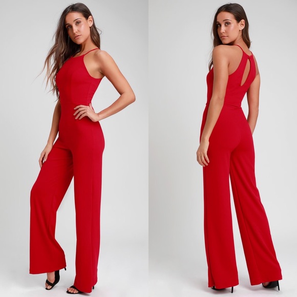 Lulus Pants - LULUS Aniyah Red Wide-Leg Halter Jumpsuit S